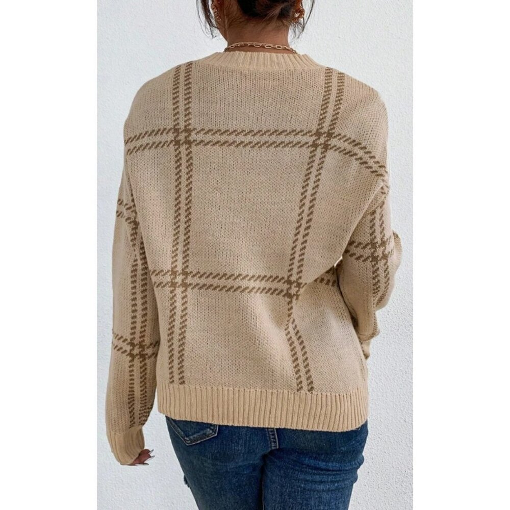 #17 Khaki Plaid Pattern Knitted Drop Shoulder Sweater - Picture 2 of 3